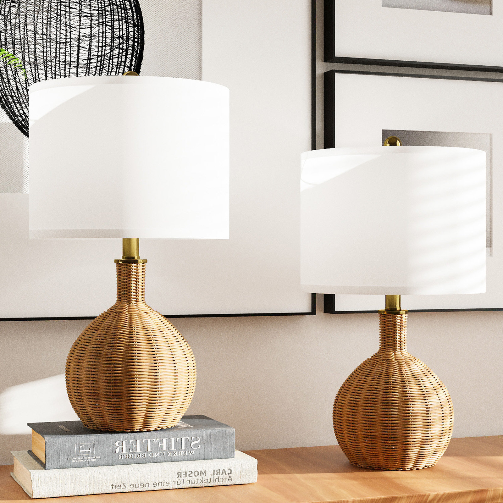 Modern Petite Rattan Table Lamp with Blackened Steel offers Accents